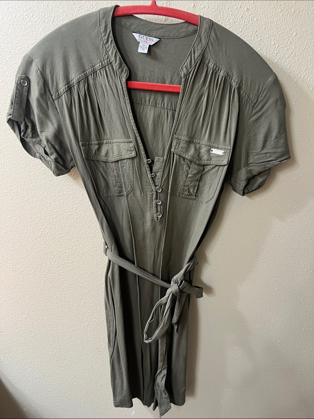 GUESS Olive Green Short-Sleeve Utility Dress with Belt